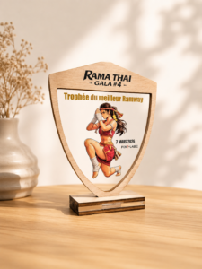 trophée en bois et plexi avec impression couleur personnalisée par la fabrik bigoudene- trophée sport de combat